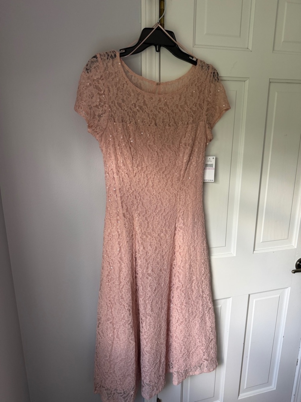 SLNY Blush Pink Lace Midi Dress